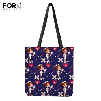 

doginthehole Cute Cartoon Nurse Doctor Pattern Women Tote Bgs Brand Girl Blue Canvas Handbags Fashion Large Lady Shoulder Bag