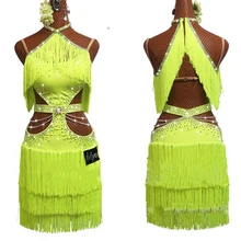 Новое латинское танцевальное платье для женщин, ФЛУОРЕСЦЕНТНОЕ желтое платье со стразами и цепочкой, наряд для выступлений, юбка с кисточками для девочек, платье для сальсы, BL2632