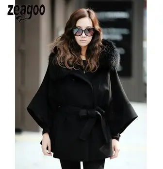 

Women's Luxury Double Breasted Batwing Cape Poncho Coat Jacket Fur Collar Hooded