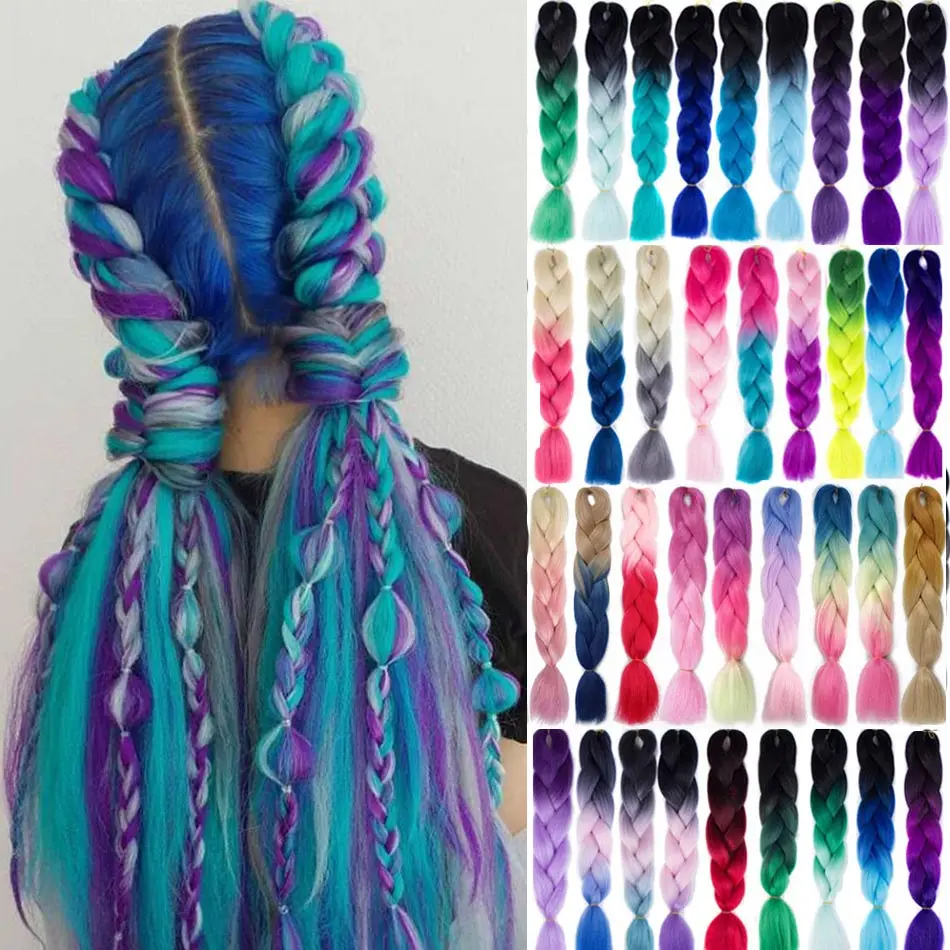 4pcs Synthetic Jumbo Braiding Hair Extensions Ombre Color 100g 24 Inch Green Pink Yellow Blonde |