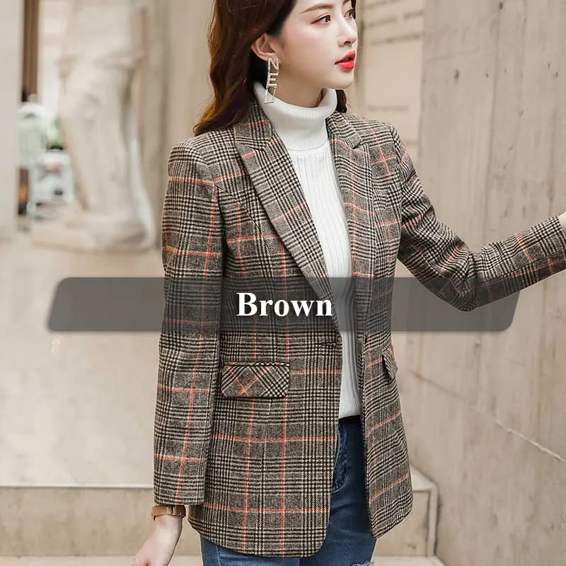 Lenshin/винтажное клетчатое пальто с карманами в английском стиле для женщин; куртка на одной пуговице; модная верхняя одежда; блейзер - Цвет: Brown