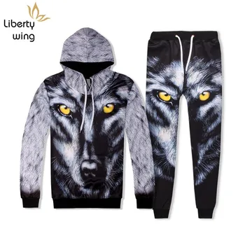 

Fashion Men Hip Hop 3D Wolf Printed Hoody Sweatshirt Two Piece Jogging Tracksuit Ensemble Homme High Street Casual Cloth Set