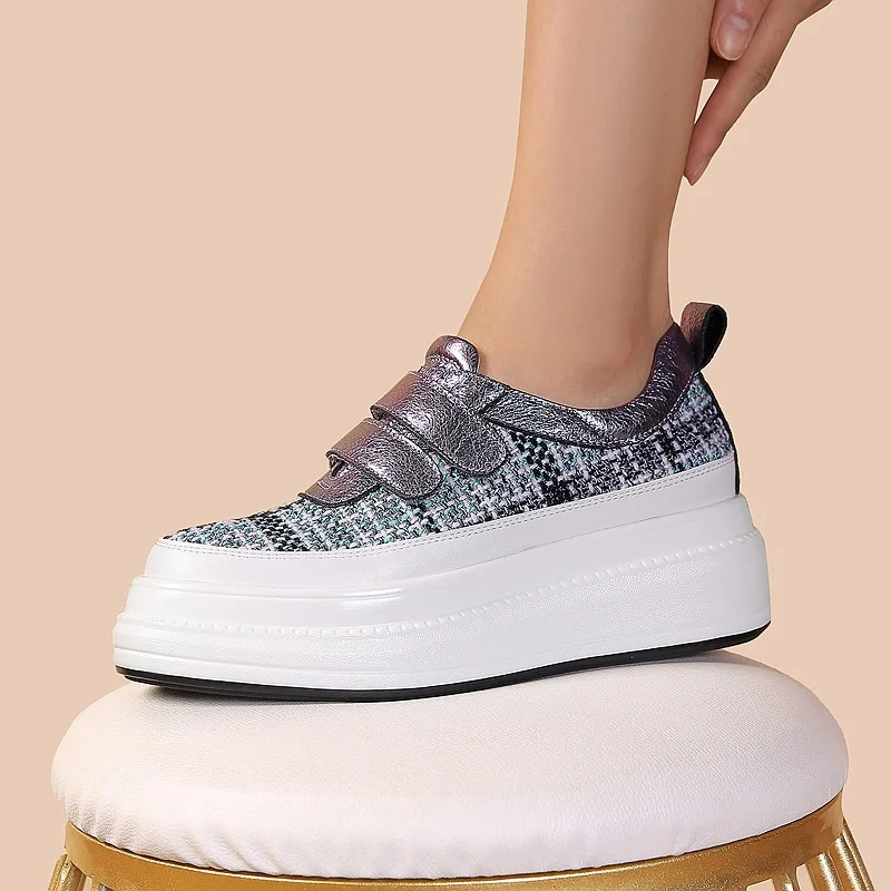 

2019 Spring And Autumn New Style Plaid Cloth Velcro Casual Board Shoes Thick Bottomed Elevator Shoes Genuine Leather Semi-high H