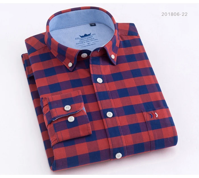 Men's Casual 100% Cotton Oxford Striped Shirt Single Patch Pocket Long Sleeve Standard-fit Comfortable Thick Button-down Shirts