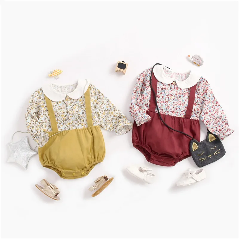 

Newborn Jumpsuit baby girl clothes Fashion Doll collar Floral Fake two pieces Jumpsuit Children's Cotton Outfit Sunsuit Toddler
