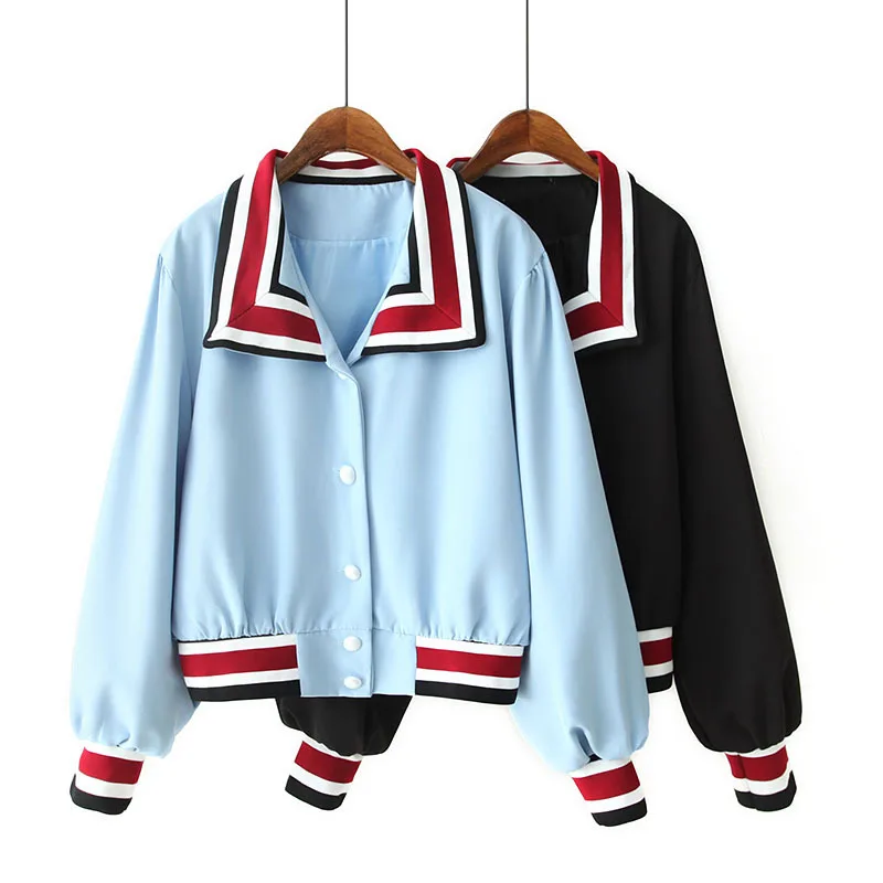 

F4584-Western Style WOMEN'S Dress 2019 Spring And Autumn New Style Loose-Fit Fold-down Collar Stripes Edge Jacket Women's