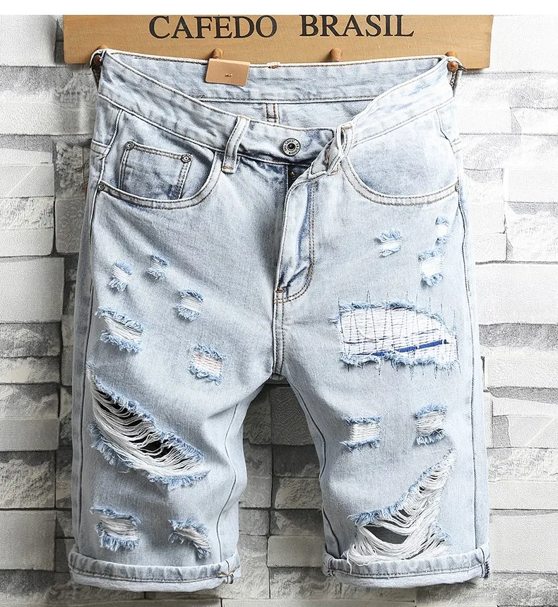Pantalones cortos vaqueros con agujeros para hombre, Vaqueros cortos azules claros, de buena calidad, a la altura de la rodilla, rectos de talla grande