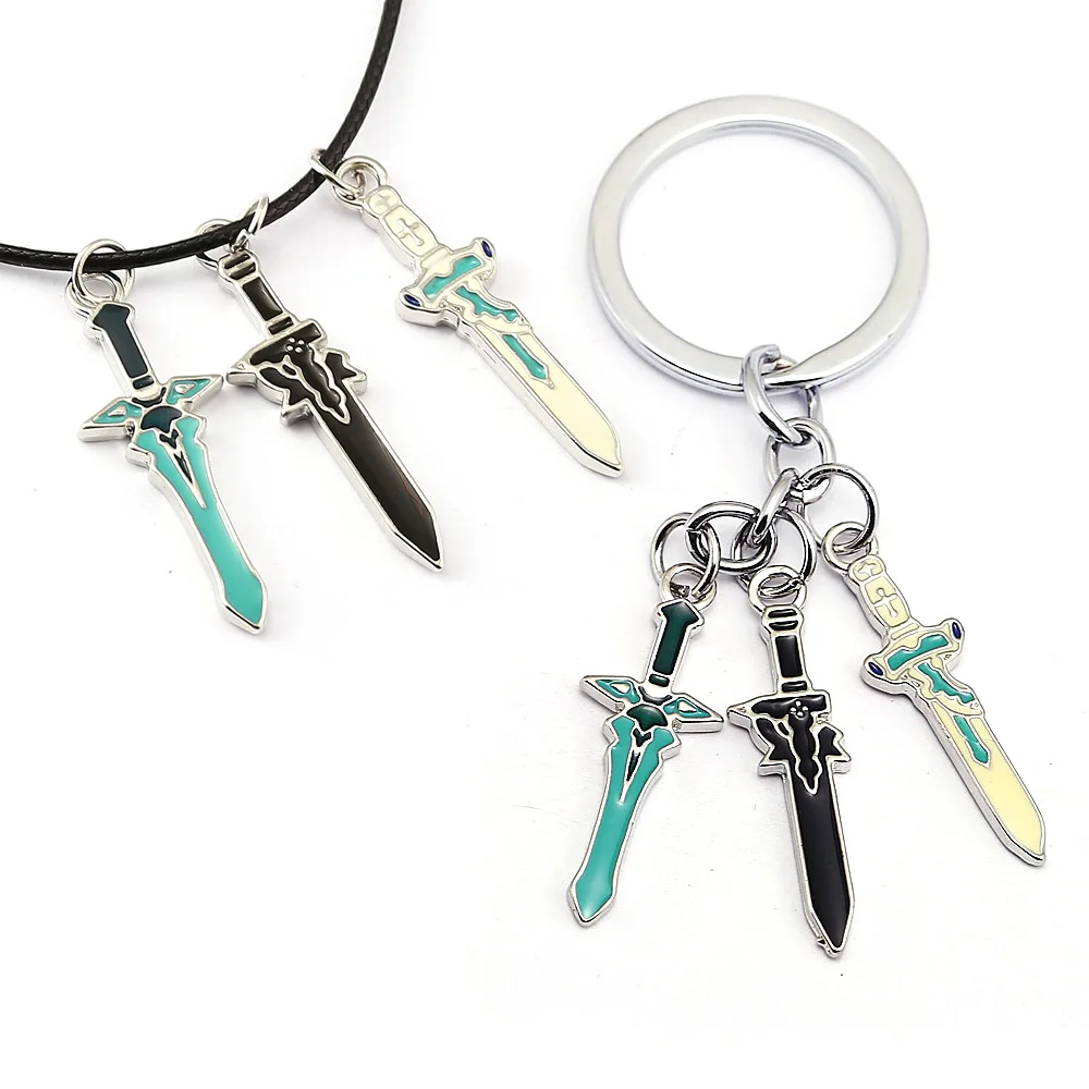 Anime Keychains Necklace Kirigaya Kazuto Kirito Elucidator Asuna Sword Metal Keyrings Neckalces Pendants Figure cartoon toys