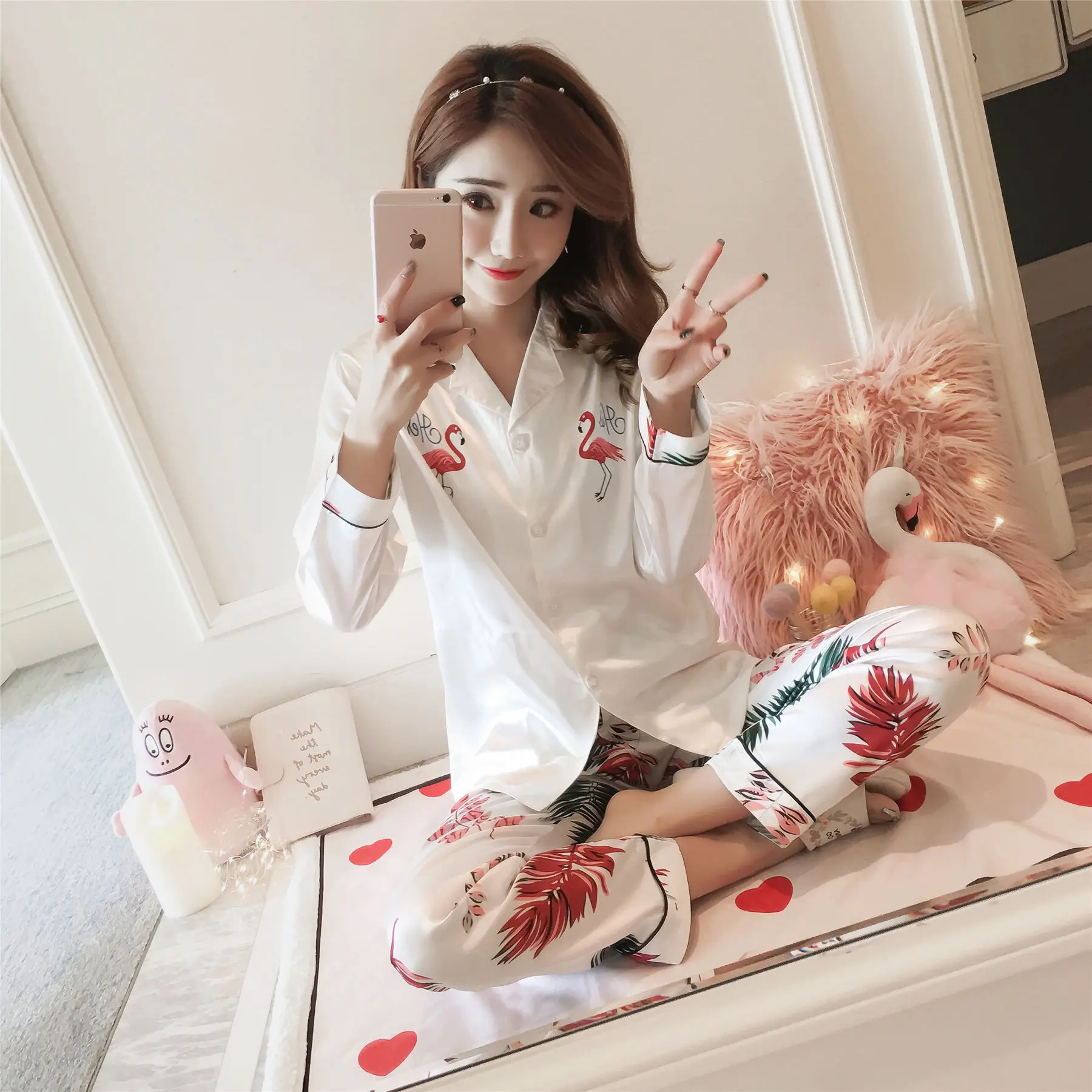 

2019 Imitated Silk Fabric Autumn Hot Selling WOMEN'S Cardigan Pajamas Fold-down Collar-Outer Wear INS Flamingo Long Sleeve Track