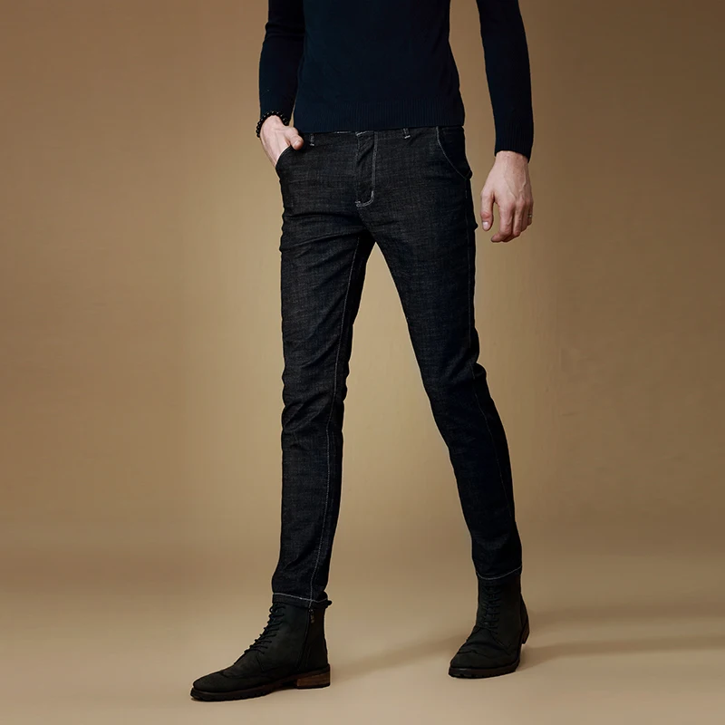 Men Jeans Stretch Black Straight Pants Slim Fit Fashion Streetwear Young Drawstring Denim Trousers