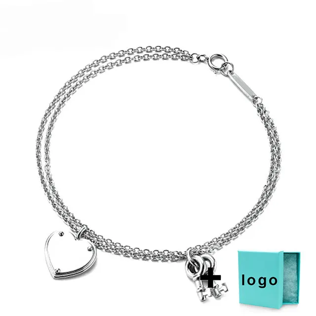 

SL TFB Rllen Original 925 sterling silver popular double chain heart shaped key bracelet with original logo wholesale.