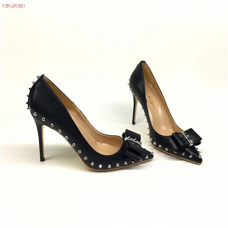 black rivet bow-knot high heels patent PU leather high heel women's shoes 10cm 12cm wedding shoes woman Party shoes bridal shoe