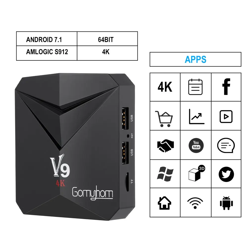 TV Box Android 7.1 V9 Smart Box Amlogic S912 Octa Core 3GB RAM 32GB ROM H.265 3D 4K HD 2.4G/5G Dual Band Wi-Fi BT4.0