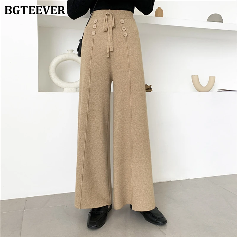 BGTEEVER Winter Buttons Lace-up Knitted Pants Women High Waist Women Sweater Pants Casual Loose Knitting Trousers Female