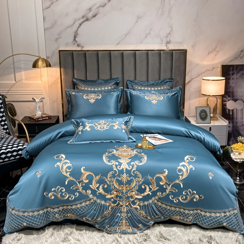 Luxury Gold Royal Embroidery Satin Silk Cotton Bedding Set Smooth Silky Double Duvet Cover Set Comforter Cover And Pillowcases