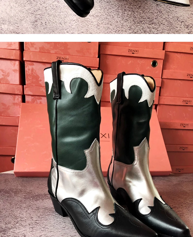 Buono Scarpe Western Women's Boots Embrodery Boots Cowboy Fretwork Retro Botas Fenimina Genuine Leather Stars Runway Women Boots