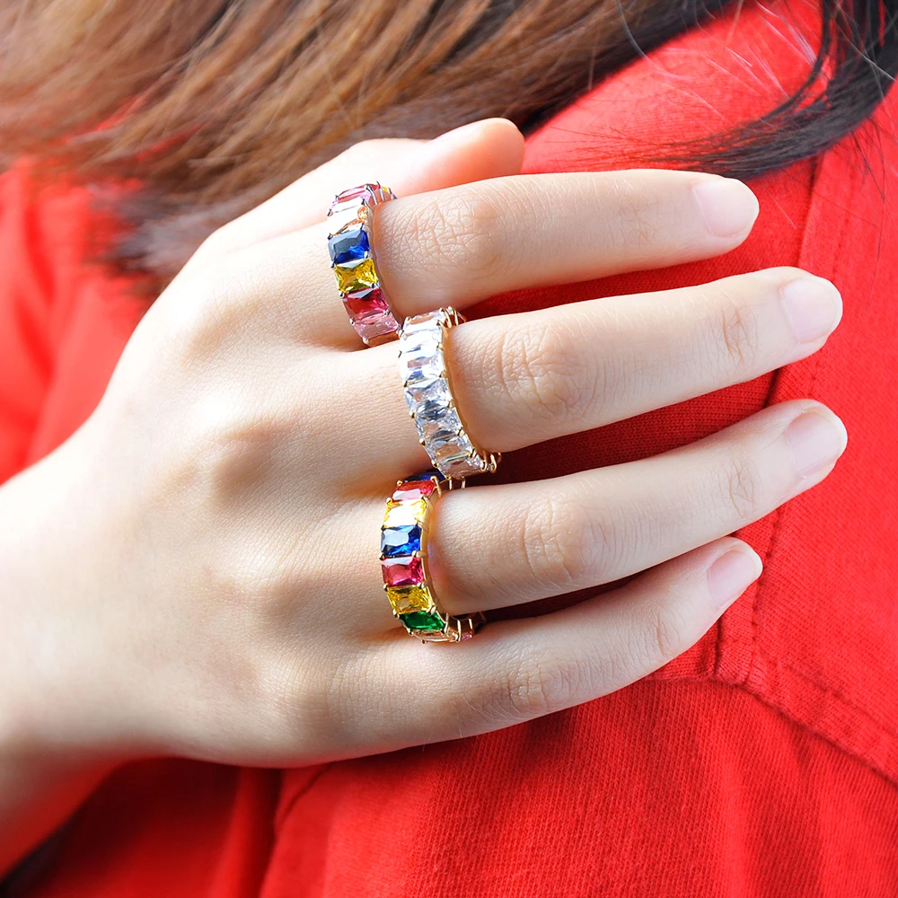 7 стилей изящное Радужное кольцо цвет яркий CZ вечность квадратная багета брикет