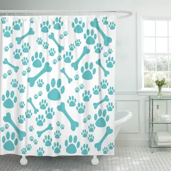 

Blue Cat Dog Paw and Bone Pet Silhouette Footprint Shower Curtain Waterproof Polyester Fabric 60 x 72 Inches Set with Hooks