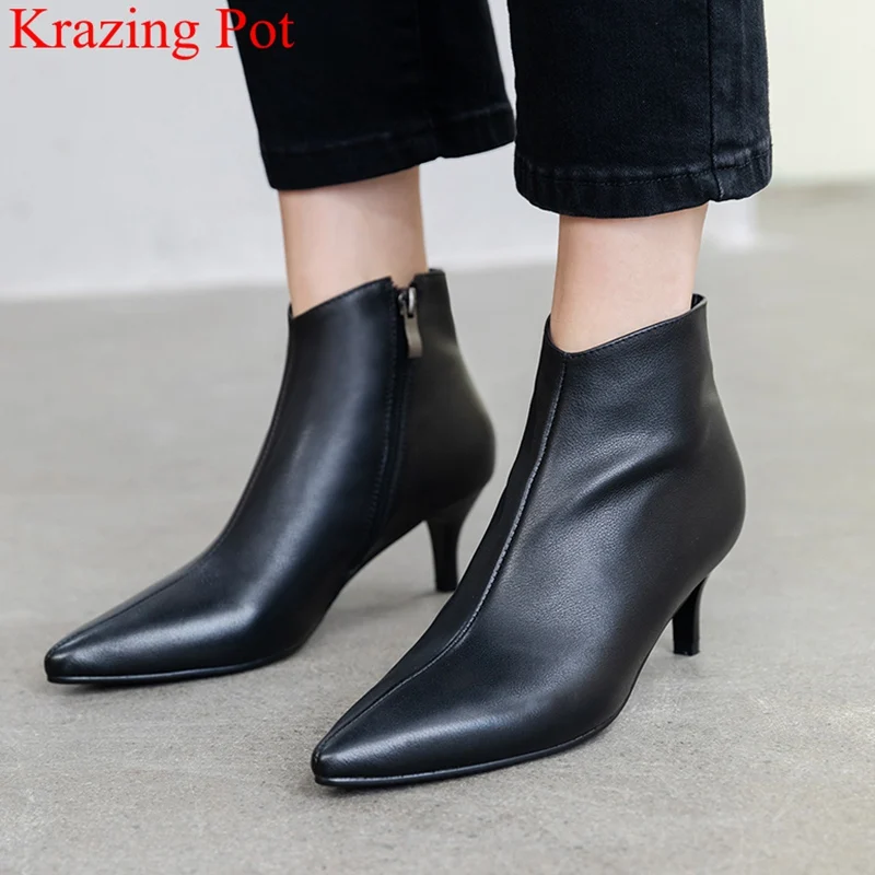 

high quality genuine leather pointed toe high heels women ankle boots solid runway elegant brand office lady winter shoes L50