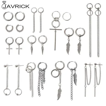

12 Pairs Titanium Steel Statement Korean Cross Feather Chain Drop Earrings Set