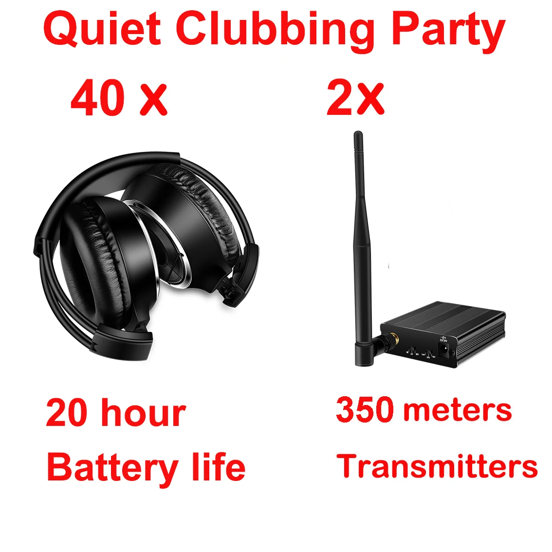 

500M Distance Silent Disco Folding Wireless Headphones - Quiet Clubbing Party Bundle (40 Foldable Headsets + 2 Transmitters)