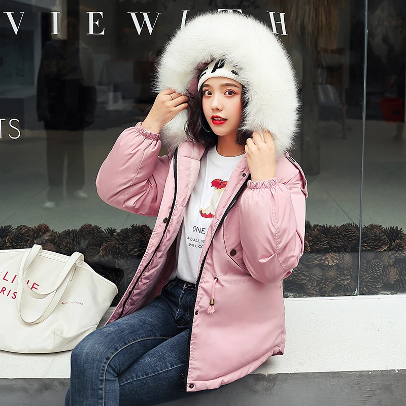 Новая зимняя куртка с большим меховым воротником, зимнее пальто, женские парки, свободная одежда с шапками и большим размером - Цвет: Розовый