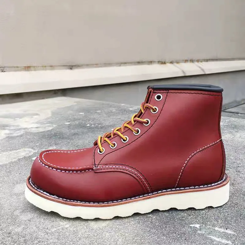 Goodyear-Welted Vintage Genuine Leather Ankle Motorcycle Boots Wings Square top Men Casual Dress Work Red Boots Shoes men punk
