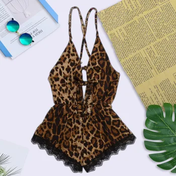

Women Plus Size Sexy Lingerie Bow Lace Trim Leopard Romper Bodysuit Underwear