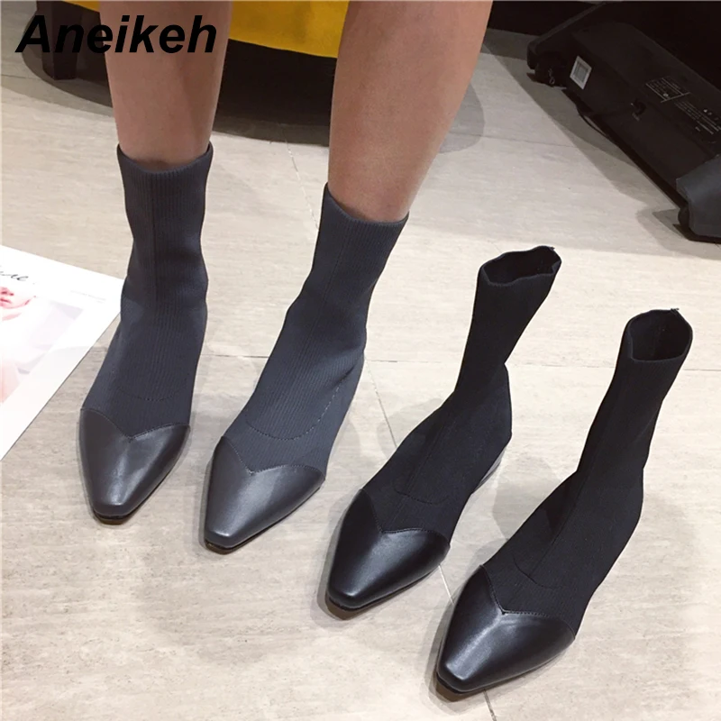 

Aneikeh 2019 New Autumn Concise PU Women's Boot Pointed Toe Ankle Chelsea Slip-on Square High Heel Shallow Gray Black Size 35-39
