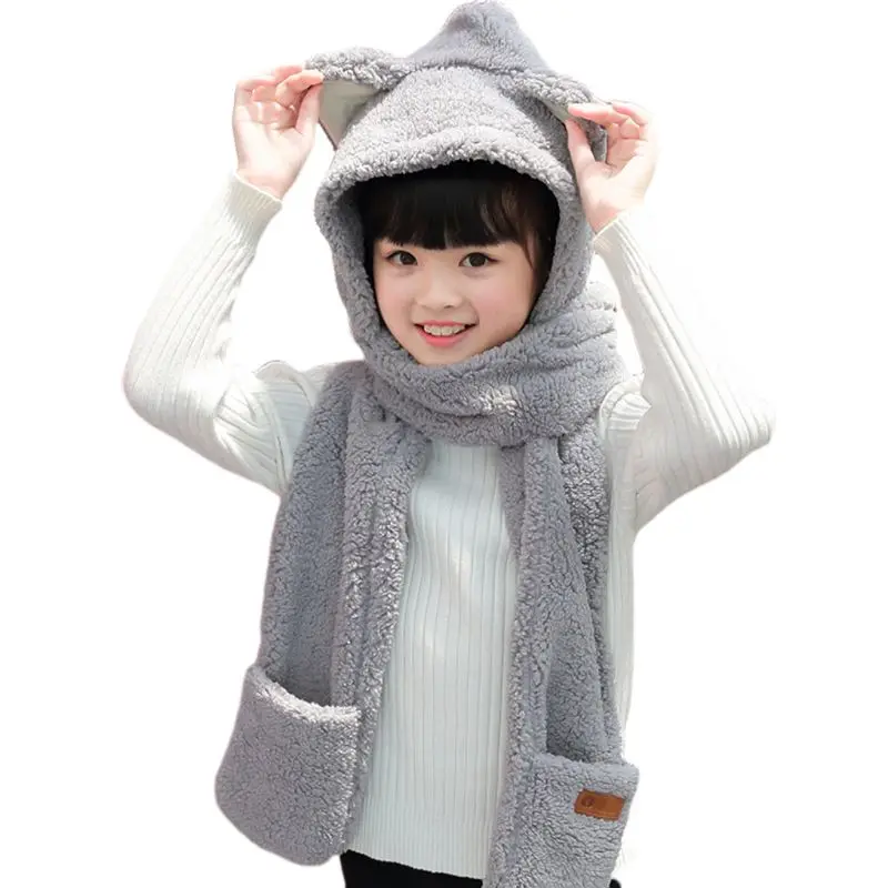Теплая зимняя шапка для малышей 3 в 1, милый шарф с концами в виде ушек, перчатки, шапка-ушанка - Цвет: 4