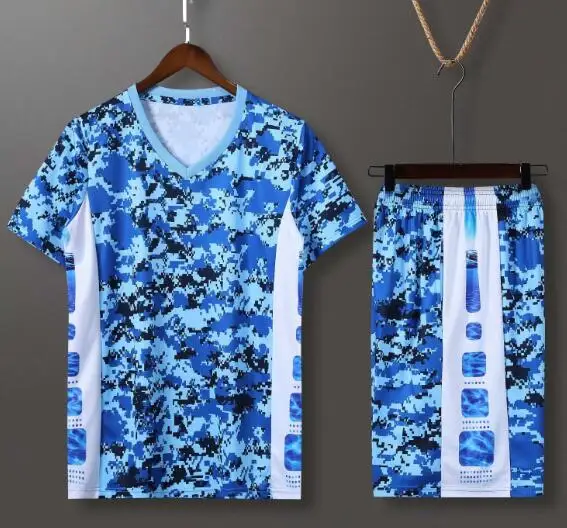 Fluorescent blue Подростковая баскетбольная майка с коротким рукавом, комплект для взрослых, камуфляжная баскетбольная форма с v-образным вырезом, тренировочный костюм, быстросохнущая спортивная одежда - Цвет: Fluorescent blue