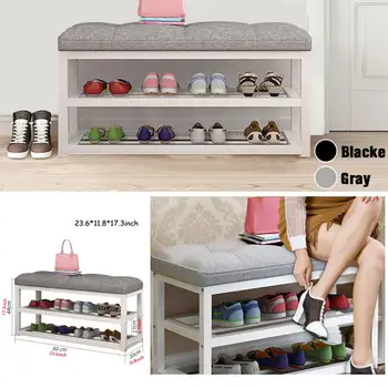 

2 Tier Shoe Storage Stool Living Room Shoe Rack Hallway Simple Change Shoe Bench Organizer Flax/Leather Cushion Shoes Cabinet