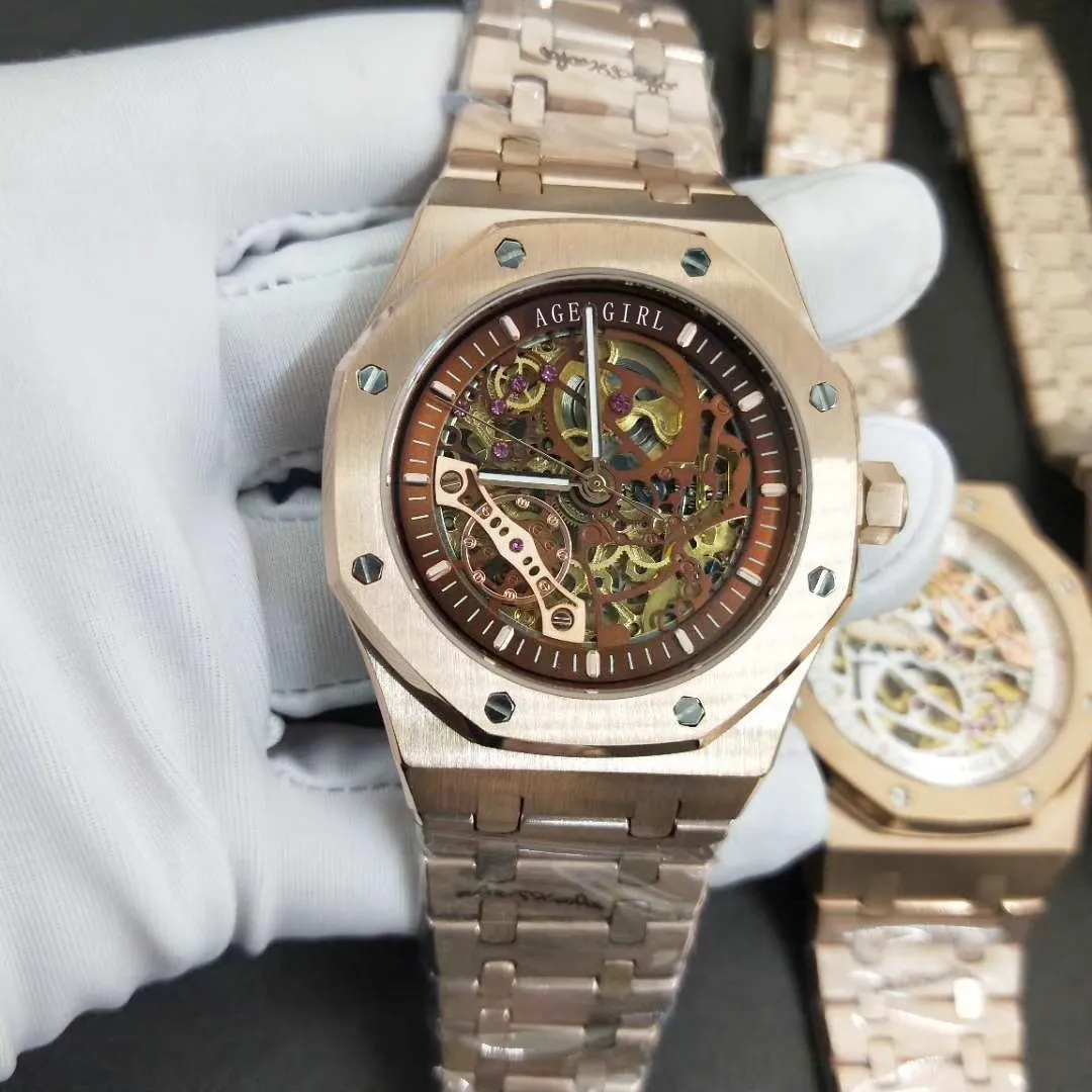 

Luxury Brand New Automatic Mechanical Men Watch Transparent Glass Back Skeleton Rose Gold Black Blue Coffee Tourbillion Watches