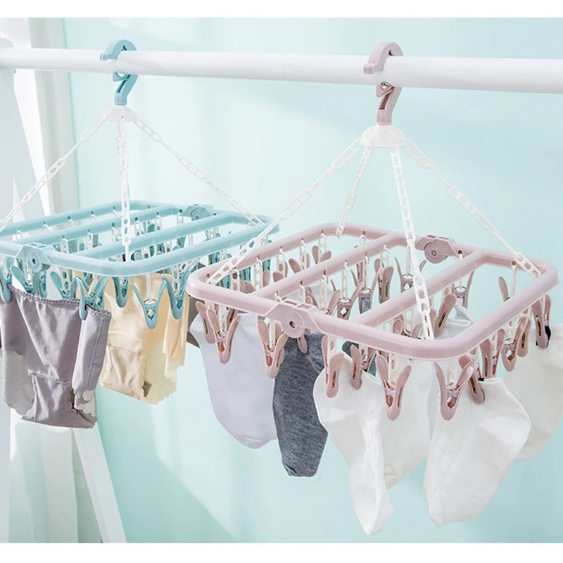 32 Clips Folding Clothes dryer Hanger Children Adults Clothes Dryer Windproof Socks Underwear Plastic Drying Rack 5