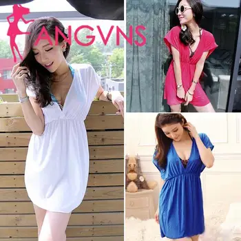 

Lady Beach Summer Dress Swimwear Cover Up Deep V-Neck Shirt Bikini Swimsuit Dress Loose Mini Gown