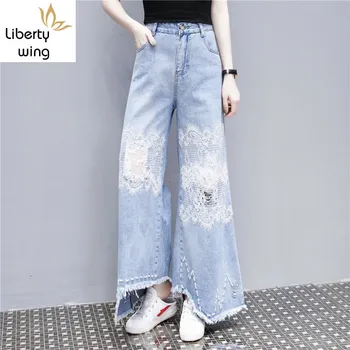 

Fashion Women Washed Lace Flower Female High Waist Denim Loose Wide Leg Pants Irregular Tassels Hole Ripped Jeans Trousers