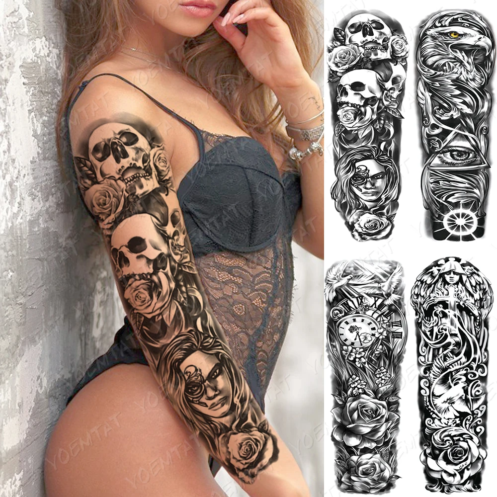 

Waterproof Temporary Full Arm Tattoo Sticker Skull Nun Flower Clock Flash Tattoos Female Sexy Body Art Big Fake Sleeve Tatto Men