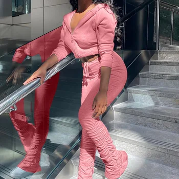 

Crop Top Sweatsuit Casual 2 Piece Matching Set Jogging Femme Outfits Sexy Tracksuit Zip Up Hooded Sweatshirt Stacked Sweatpants