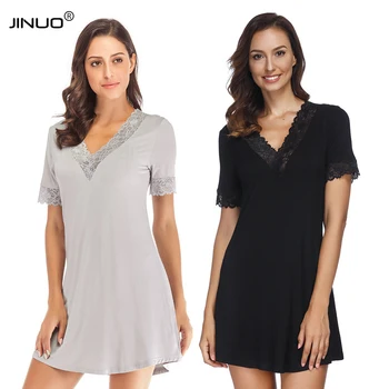 

JINUO Women Nightgowns Cotton Night Dress Sexy Wegurumi V-Neck Lace Casual Home Dress Night Shirt Sleepwear Nightwear