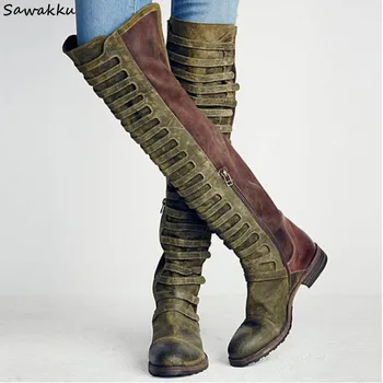 

Real Leather Thigh High Boots Woman Winter Western Olive Green Women Long Shoes Flat Knee High Motorcycle Boots Chaussure Femme