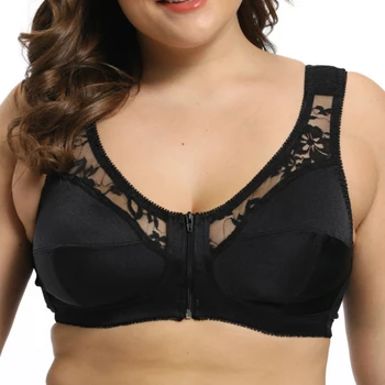 

Women's Full Coverage Non-padded Posture Corrector Front Zip Wireless Back Support Plus Size Lace Black Bra C D E Cup