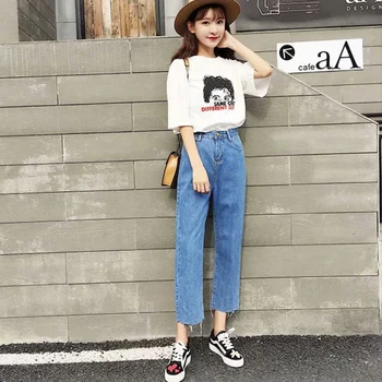 

Fashion Pockets Jeans Autumn Woman Harem Pants Casual Loose Ankle-length Straight High Waist Zipper Jeans