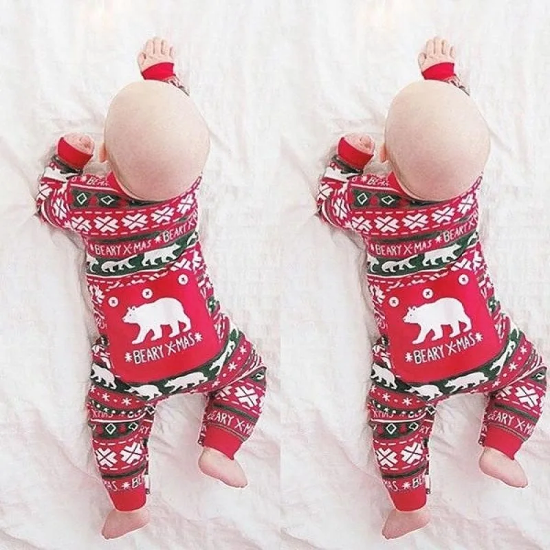 Новая Милая одежда для малышей комбинезон с длинными рукавами и рисунком медведя для мальчиков и девочек, Рождественский комбинезон с надписью детская одежда