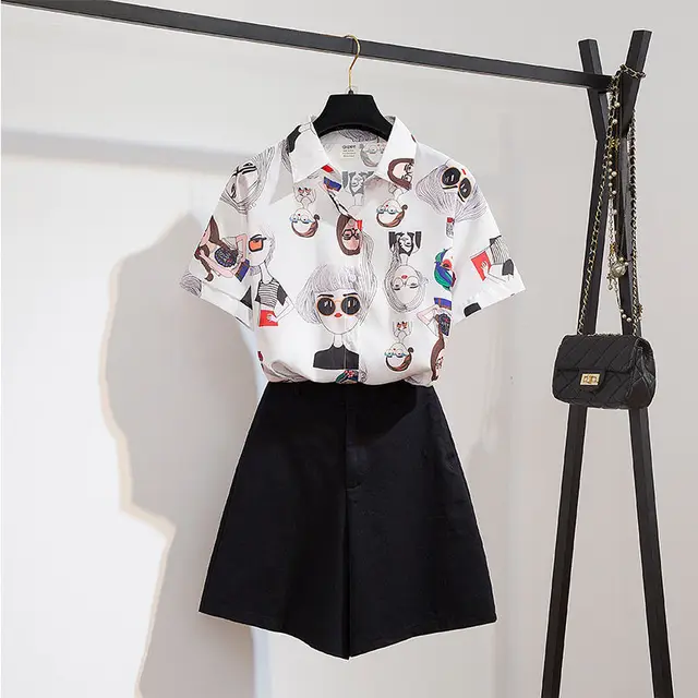 Big Size 40-200kg Fashion Cartoon Print Shirt Shorts Set for Women Summer Leisure Cozy Two-piece Clothing Sets Girl Short Sleeve Set1