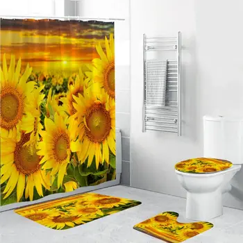 

4PCS/Set Sunflower Shower Curtain Floral Bath Curtain Waterproof Polyester Shower Curtain Non-Slip Bathroom Rugs Bath Mat Set