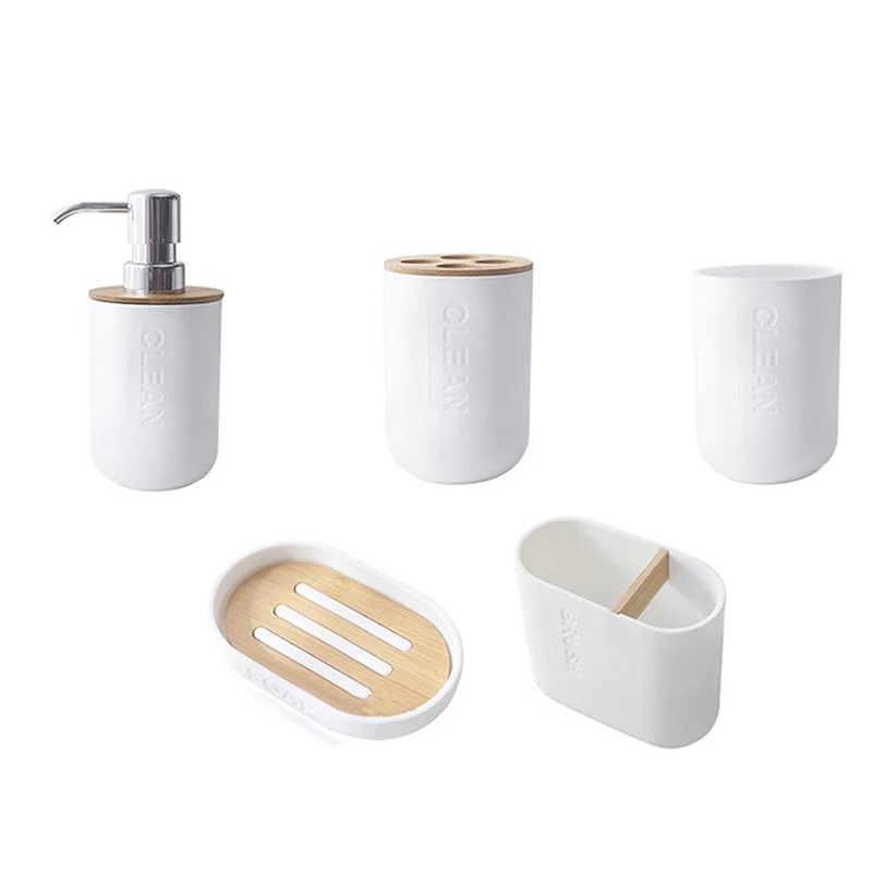 

Fashion5Pcs Bamboo Bathroom Set Toilet Brush Holder Toothbrush Glass Cup Soap Dispenser Soap Dish Bathroom Accessories