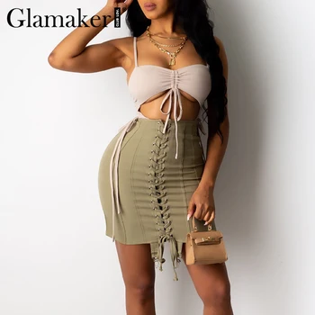 

Glamaker Army green lace up high waist skirt Women summer style bodycon mini ladies skirt Female a line sexy short skirt bottoms