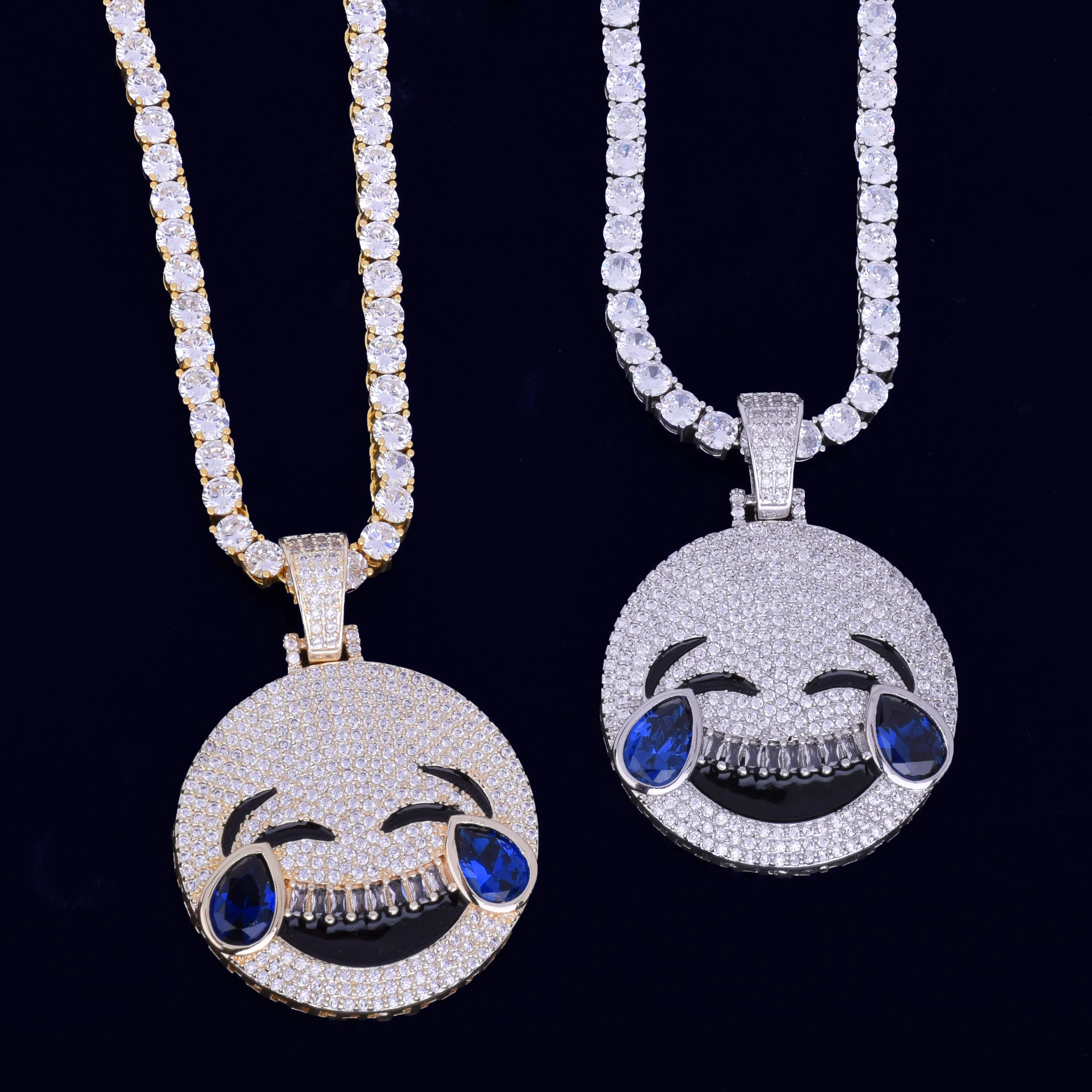 Ожерелье с кулоном в виде смеха и крика, цепочка, золото, серебро, с синим кубическим цирконием, мужские ювелирные изделия в стиле хип-хоп, рок