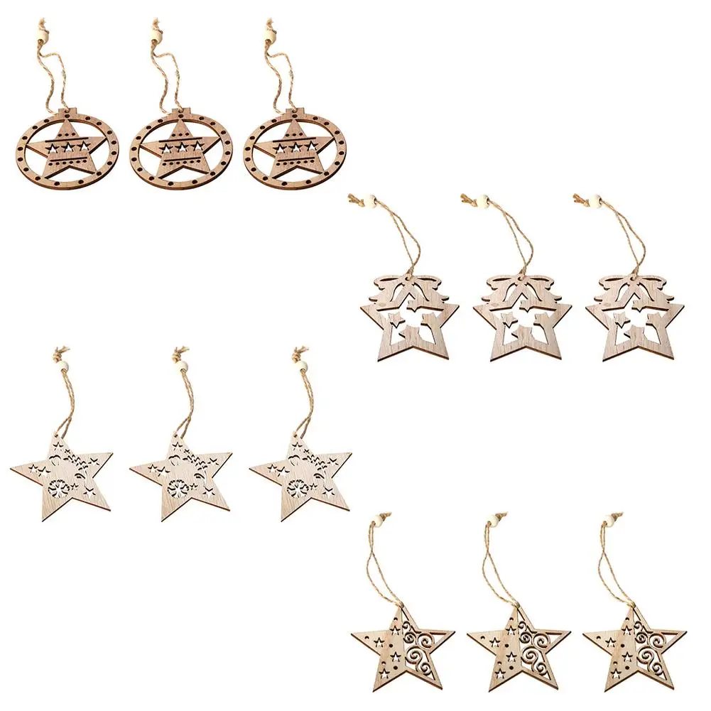 

3pcs Nordic Wooden Pendant Vintage DIY Five-pointed Star Christmas Tree Showcase Decor Pendant Kid Gift Xmas Tree Party Ornament