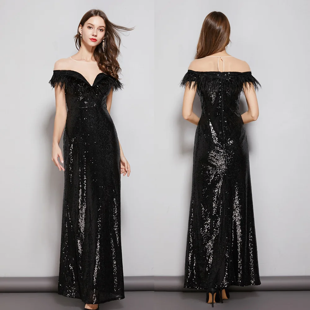 

CK883 Spring New Style Feather Neckline Sequin Formal Dress off-the-Shoulder Long Banquet Party Late Formal Dress